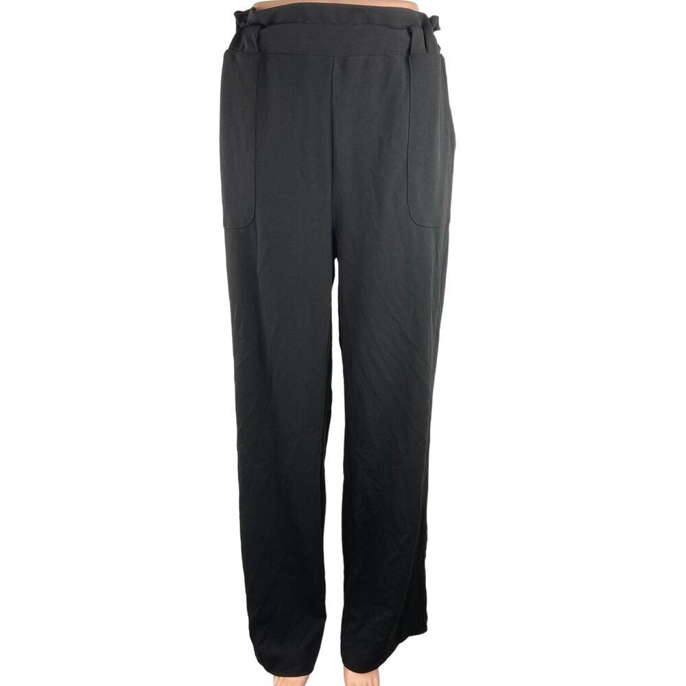 BBJ Black High Rise Straight Wide Leg Pockets Paperbag Ankle Trouser Pants Sz XL